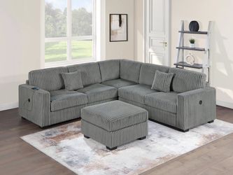 SMOKE FUR LIKE CORDUROY SECTIONAL WITH OTTOMAN 