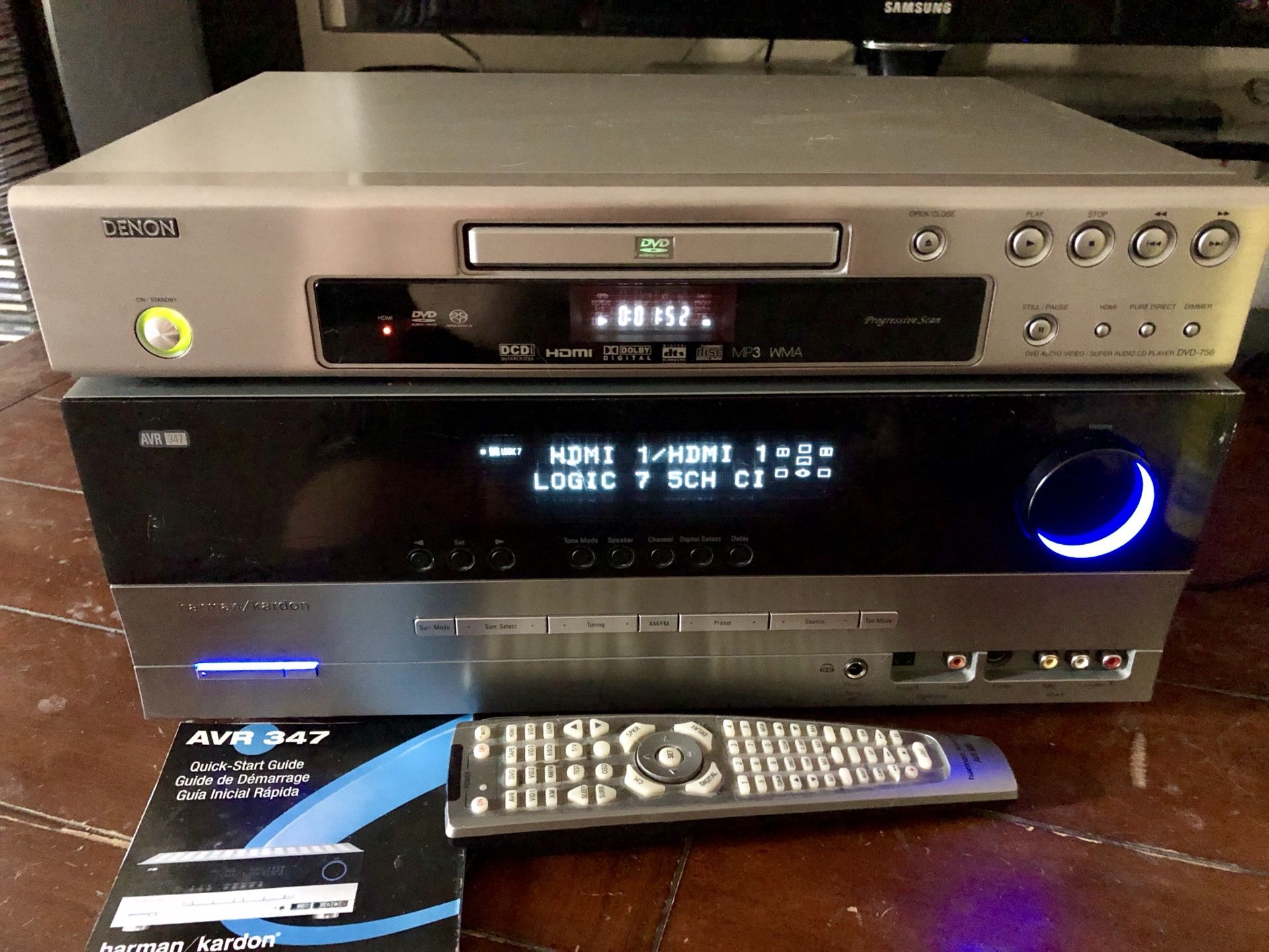 HARMAN KARDON AVR 347 HD Digital Receiver w/ remote and DENON DVD/CD/Mp3 Player