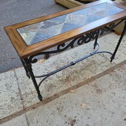 Slate and Wood Console Table with Iron Legs