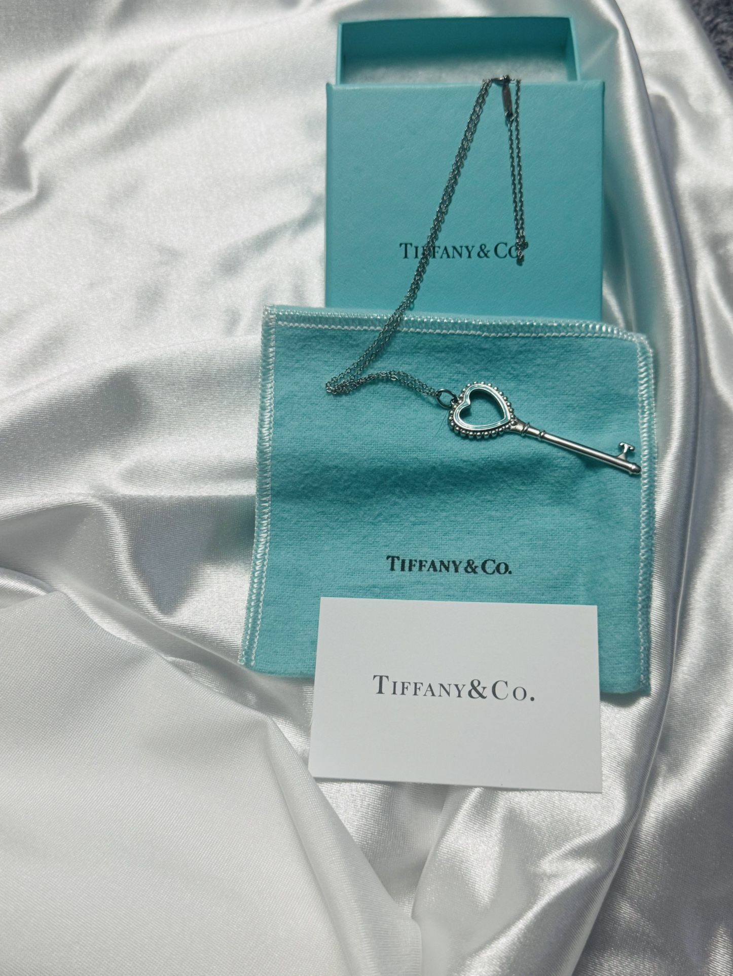 Tiffany & Co. Sterling Silver Enamel Beaded Heart Key Pendant Necklace Blue