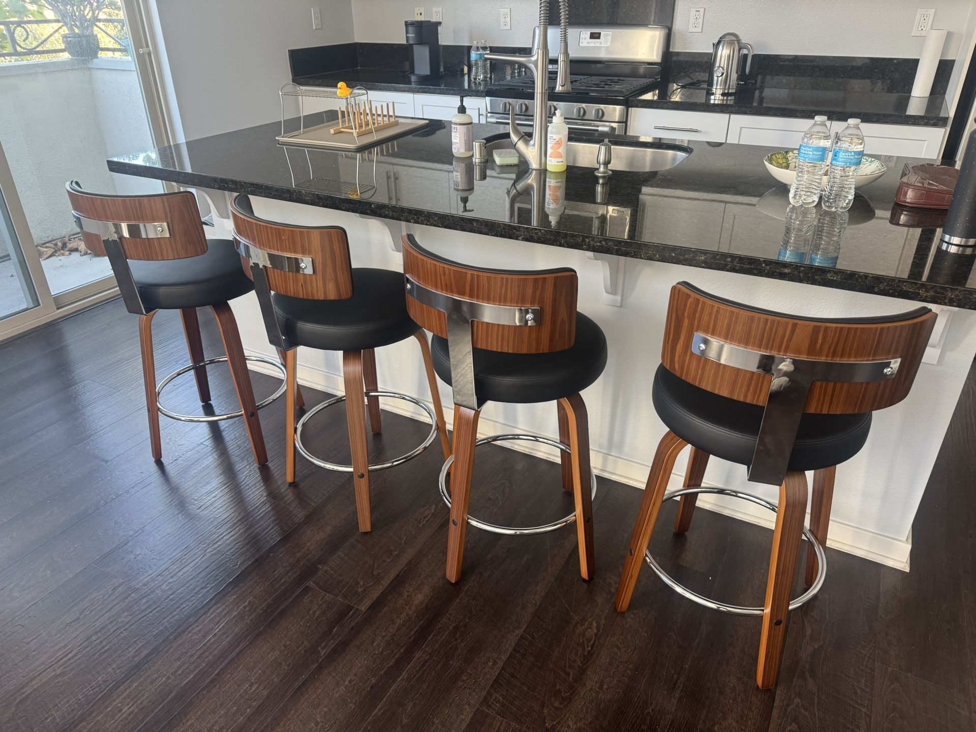 Kitchen Counter Stool Bar Stool 4 Pc Black Faux Leather Wooden Finish