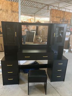 Black Vanity Desk with Mirror, Lights & Charging Station, 58.3" 3 Lighting Modes Makeup Desk with 8 Drawers, 2 Cabinets and Lots Storage, Dressing Tab
