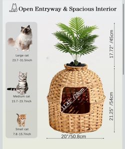 Cat Litter Box Enclosure Furniture with Artificial Plant - Handwoven Rattan Round Planter, Easy Clean, for Living Room, Bedroom, Corner, Natural Decor