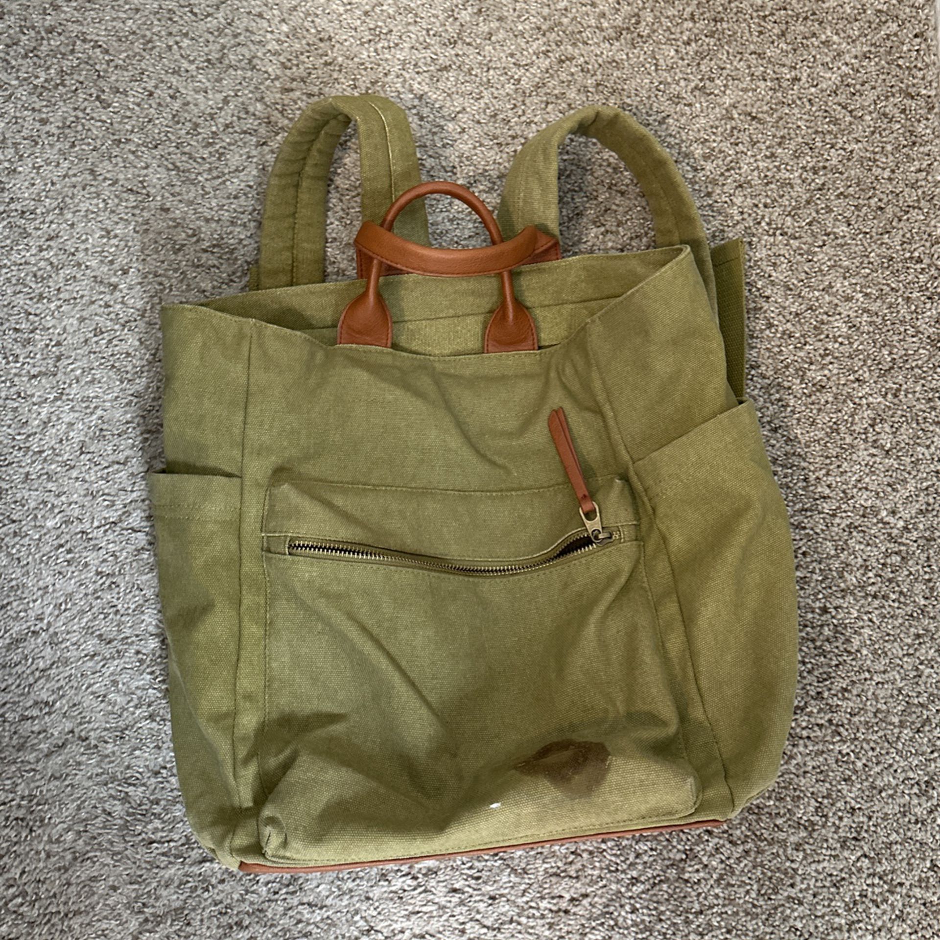 Green Canvas And Faux Leather Backpack Bag