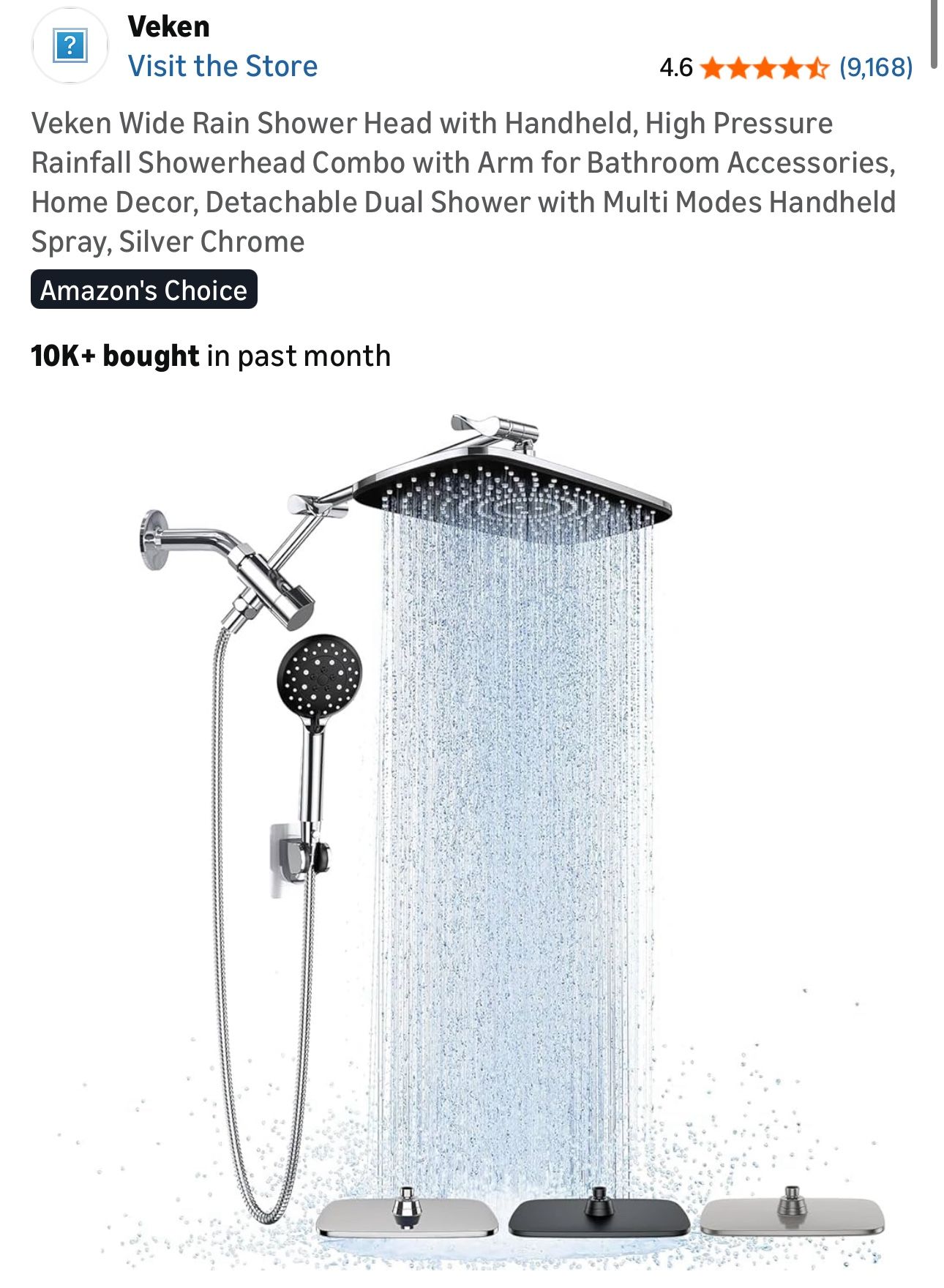 Veken Wide Rain Shower Head Handheld Water Spray High Pressure Showerhead Combo