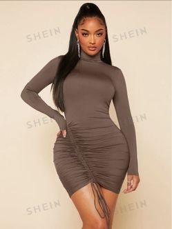 SHEIN Brown Turtleneck Ruched Mini Dress