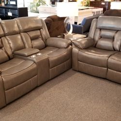 Brand New Gray Leather Gel Manual Reclining Sofa + Loveseat With Cup Holder