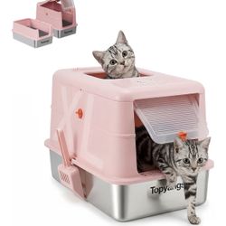 Stainless Steel Cat Litter Box, Enclosed Odor Control Extra Large Metal Litter Box with Lid