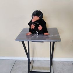 Gray Marble Accent Table – Black Metal Base