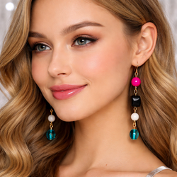 Handmade Long Prom Earrings in Pink Black White Aqua Glass Beads