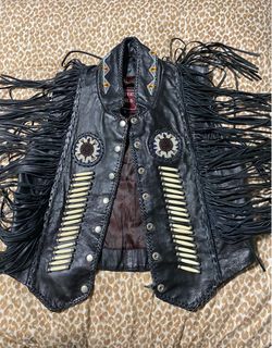 Black Leather Fringe Motorcycle Vest with Beadwork