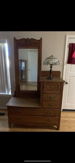 1900 S  Antique Bi- Level Gentleman’s Dresser And Queen Size Bed Country Oak 2 Piece Lot $800 Each