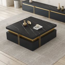 Trimied 43" Modern Black Square Storage Coffee Table Stone Top