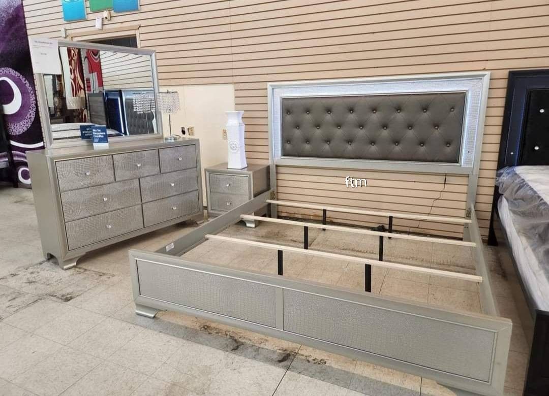 Lyssa Champagne Led Upholstered Panel Bedroom Set, Bed,dresser,mirror, Nightstand/ Queen&King Size Available