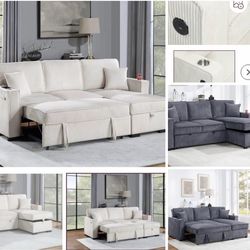 $380 . 2-P Convertible Sectional  Sleeper Sofa W/ Cupholder Sofa Storage & USB Ports  89”x 59”X36”H