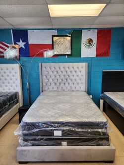Queen bed frame gray velvet with Mattress