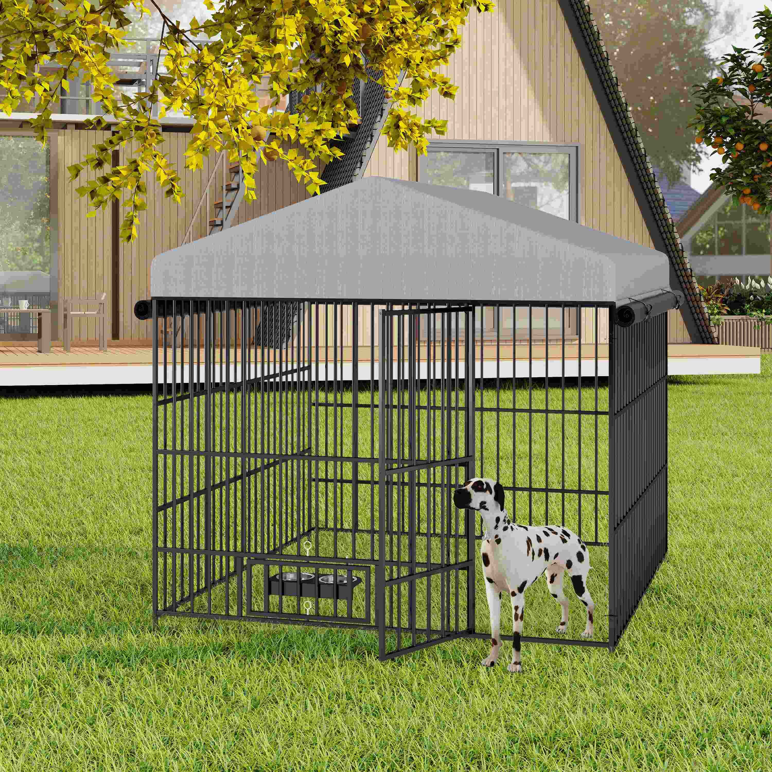 Large Dog Kennel Outdoor Pet Pens Dogs Run Enclosure Animal Hutch Metal Coop Fence with Roof Cover(6.6'L x 6.6'W x 6.4'H)