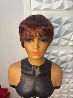 100% Human Hair Dark Auburn Pixie Cut Wig Short Glueless Natural Look