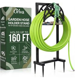 Oriva Garden Hose Holder Stand, Freestanding Water Hose Holder for Outside, Heavy Duty Rust-Resistant Metal Hose Hanger w/ 4-Spike Base, Holds upto 16