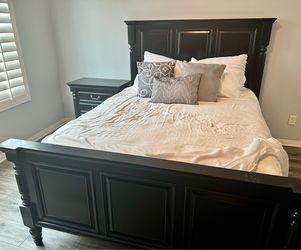 Dark Brown Queen bedroom set with dresser,  nightstand mattress and boxspring