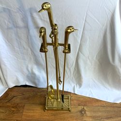 Vintage Brass MCM duck head  fireplace tool set
