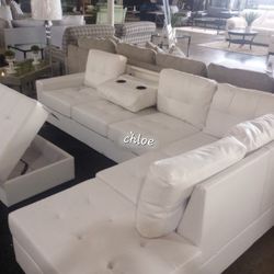 

\ASK DISCOUNT COUPON/ sofa Couch Loveseat Living room set sleeper recliner daybed futon 🍥h White Faux Leather Sectional With Ottoman 