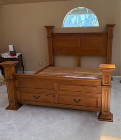 Solid Wood King Poster Bed Frame with Storage Drawers