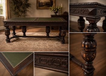 Antique Victorian Carved Wood Leather Top Table – Renaissance Revival Style