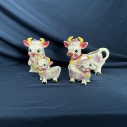Vintage Japan Cow Creamer & Sugar Bowl Set w/ Calf Figurines – Mid Century Ceramic Farm Animals