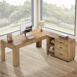 F2565 63" L-Shaped Desk, Executive Office Desk with Mobile Lateral File Cabinet
