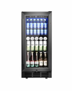 15 in. Single Zone 130-Cans Freestanding/Built-in Beverage and Wine Cooler in Black with Child Lock, Interior Light