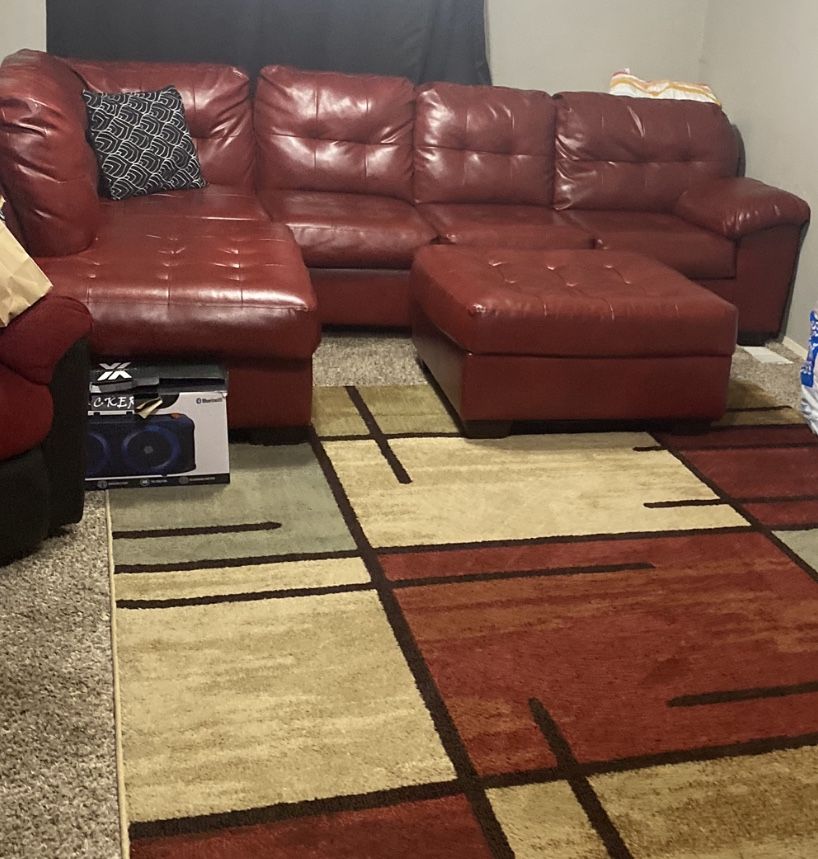 Red Leather Couch With Ottoman