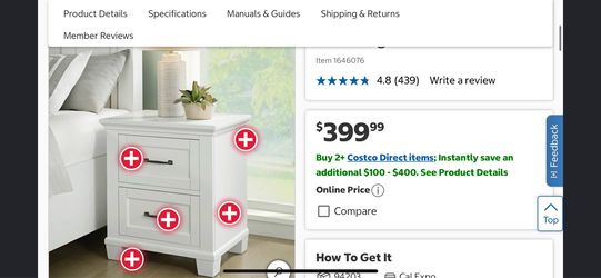 Costco Rose Nightstand w Two Power Outlets and Three USB Ports