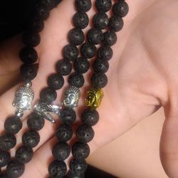 Unisex Silver Crown or Gold/Silver Buddha  With Black Lava Rock Elastic Bracelets 