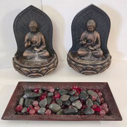 Set of 2 - 13"H Meditating Buddha (Siddhartha Gautama)  Poly Resin with Tray