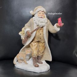 Woodland Santa Claus Figurine Cardinal Fox Squirrel Rustic Resin Christmas 10.25