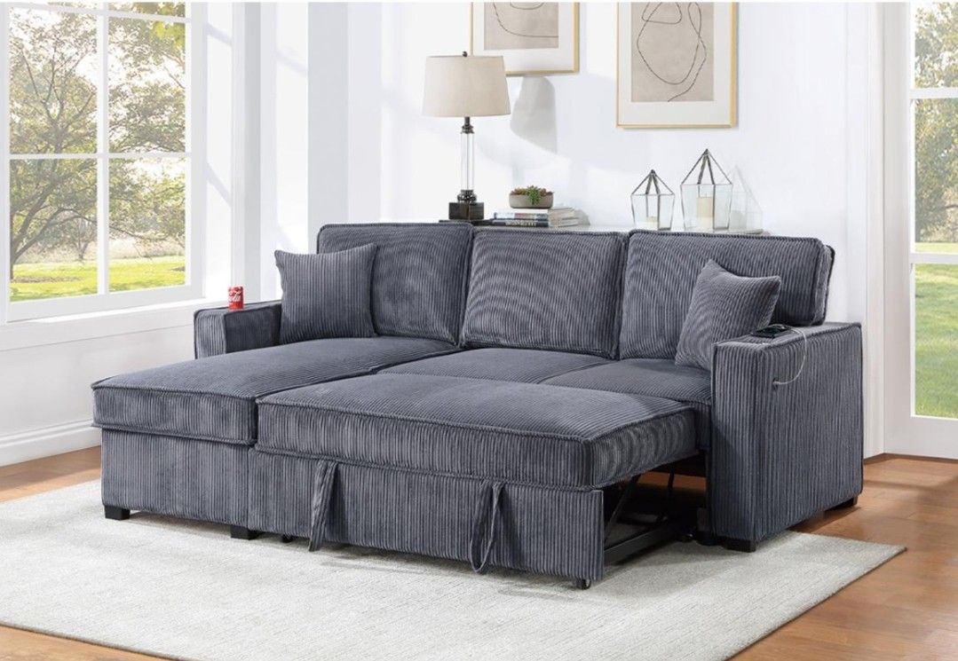 2pcs Sectional sofa w/storage chaise,pulloutbed,cupholders & Usb connection