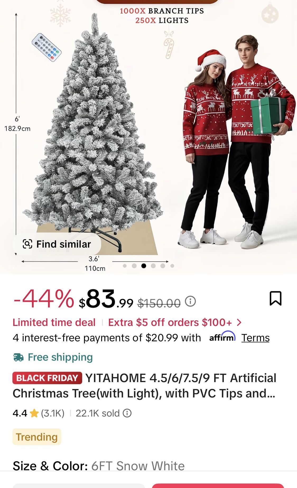 Snow White 6ft Christmas Tree w/changing Colored Lights