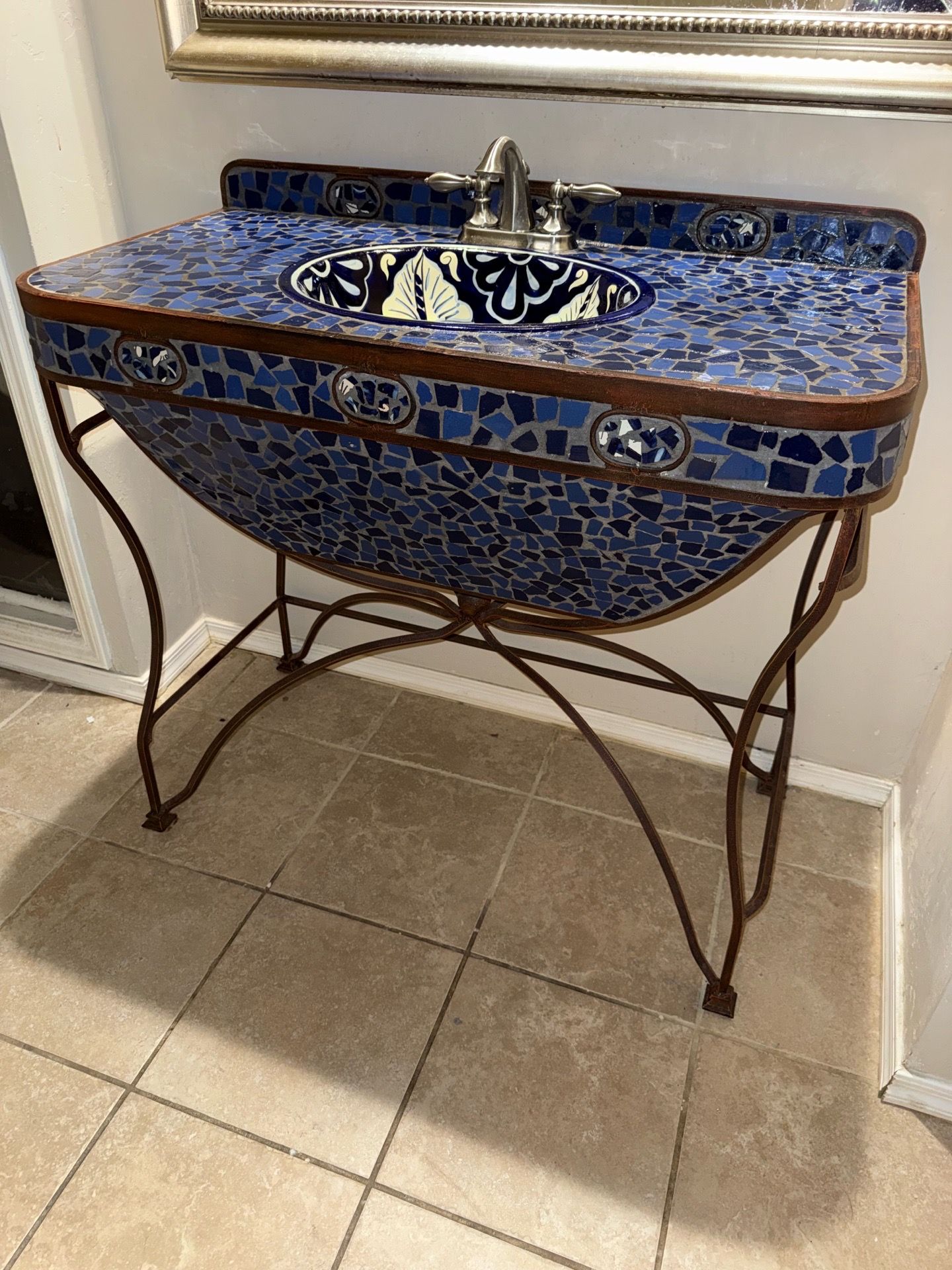 👀✨Mediterranean Blue Mosaic Bathroom Vanity with Iron Stand OBO