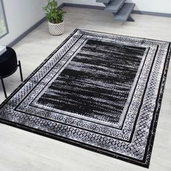HADBA 8x10 Modern Black Area Rug – Large Indoor Carpet With Vintage Faded Look Geometric Border Non-Slip Backing Stain Resistant Soft Medium Pile For 