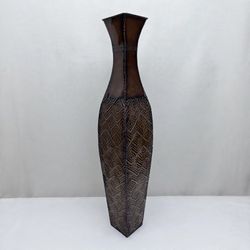 Tall Metal Floor Vase 34 in Bronze Brown Embossed Geometric Diamond Square Decor