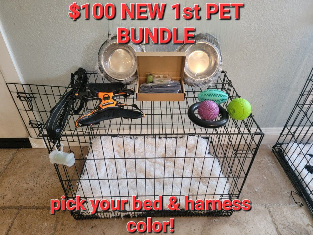 New Med'lrg Dog Crate Packages 2 Door Crate & Tray $50/ Package Cage Bed Bowls Toys Harness Leash & More $100