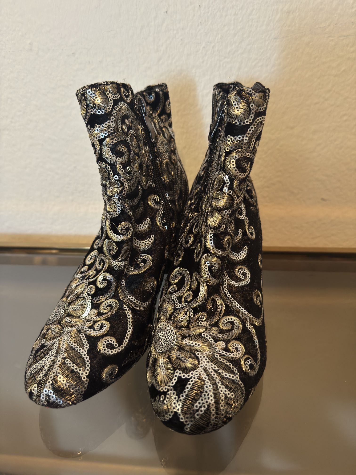 Black Sequined Heel Booties Size 8