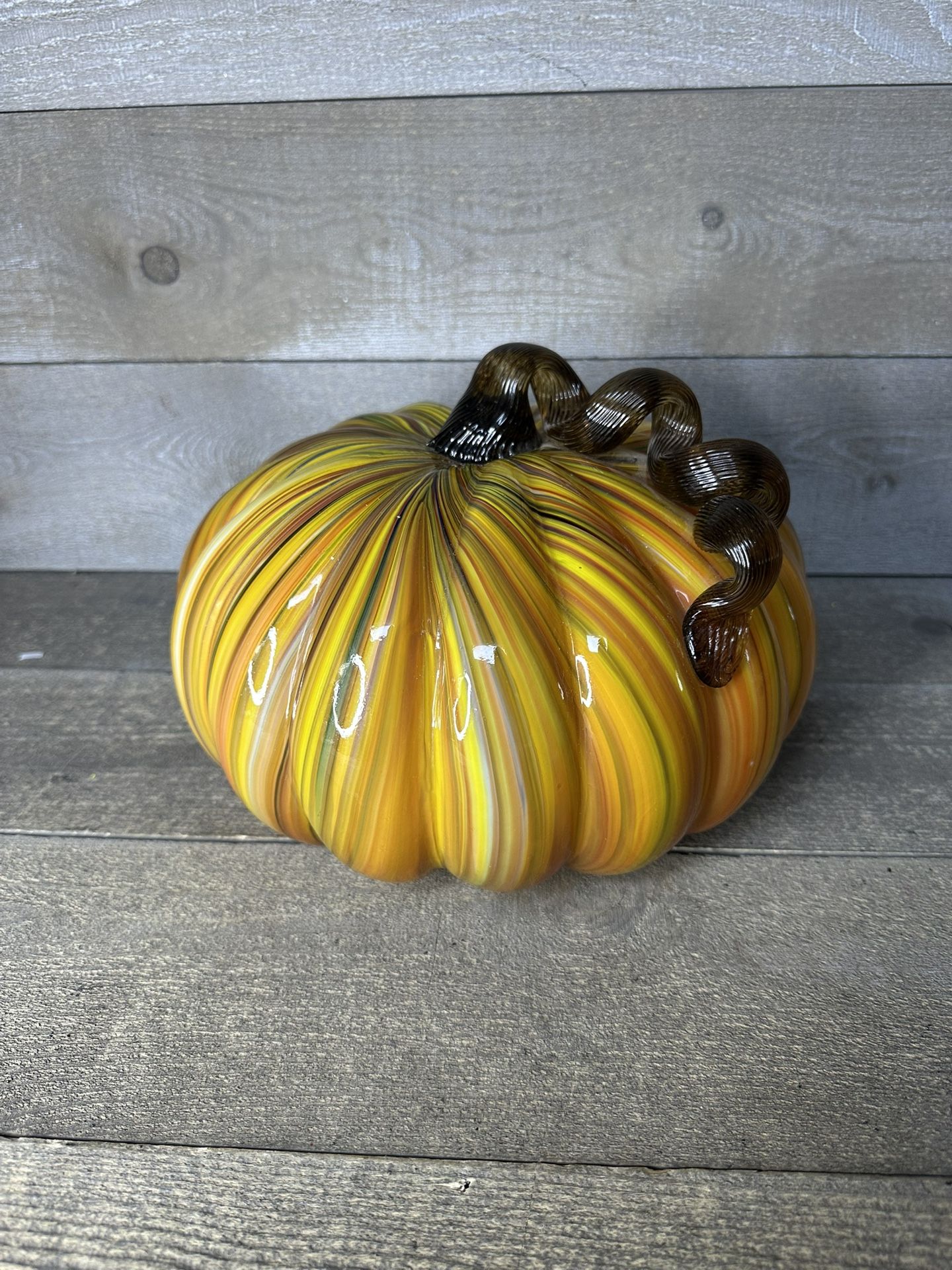 Hand Blown Art Glass Orange Color Pumpkin with Brown Stem 10” Wide X 8” Tall
