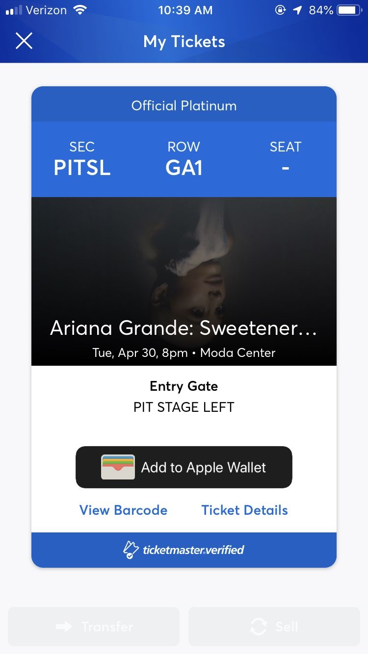 Ariana Grande ticket. PORTLAND, OR.