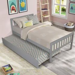 ❤️ Twin Bed with Trundle, Platform Bed Frame with Headboard and Footboard grey 