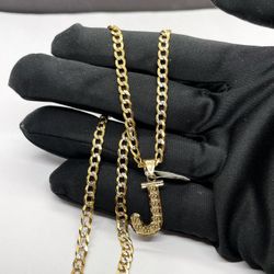 14k solid gold cubana  chain and “J” letter pendant