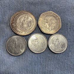 5 Coins Mexican Old 20 Pesos 1982–10 Pesos 1978– 1 Peso1984/1985/1986-