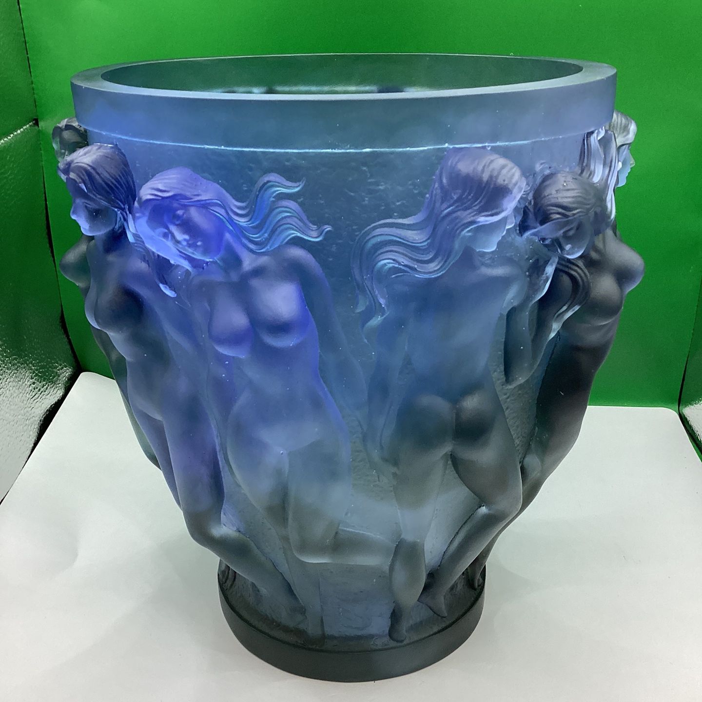 XXL Crystal Bacchantes Lalique Style Vase Weight 11lb H10” Blue Ombere Signed France 