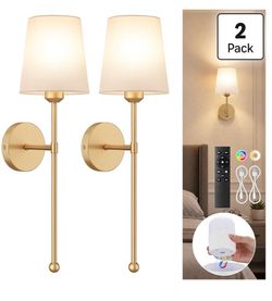 Battery Operated Wall Sconces, Gold, 2 Pack with Magnetic Bulbs, RF Remote 12000mAh, Stepless Dimming & Tunable Color Temp, 7 RGB color, Timer & Memor